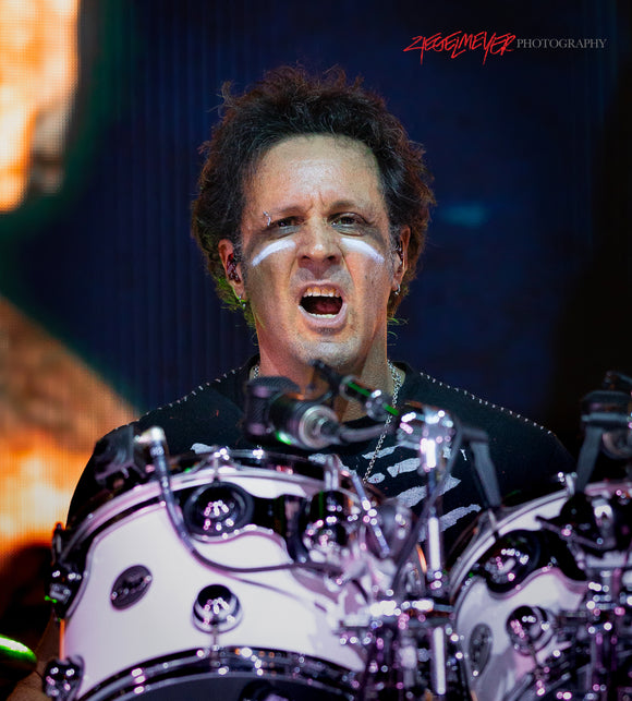 Drummer Glen Sobel  of Alice Cooper performing live on stage.