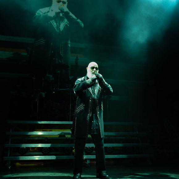 SInger Rob Halford of Judas Priest performing live on stage.