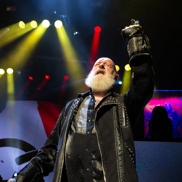 Singer Rob Halford of Judas Priest performing live on stage.
