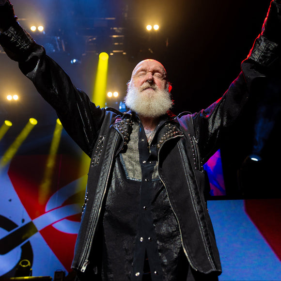 Singer Rob Halford of Judas Priest performing live on stage.