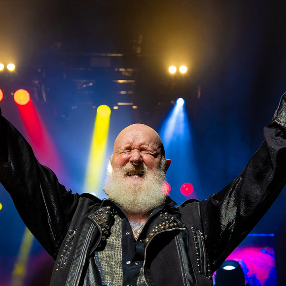 Singer Rob Halford of Judas Priest performing live on stage.