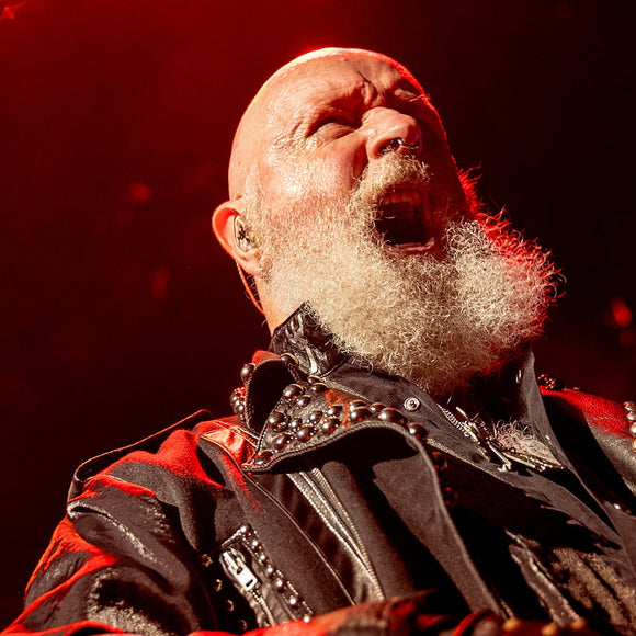Singer Rob Halford of Judas Priest performing live on stage.