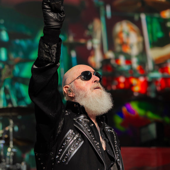 Singer Rob Halford of Judas Priest performing live on stage.