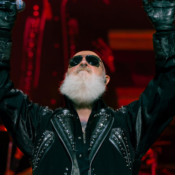 Singer Rob Halford of Judas Priest performing live on stage.