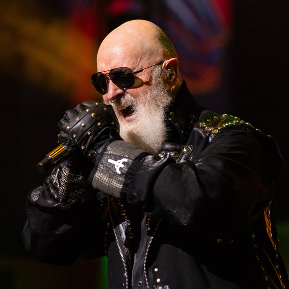 Singer Rob Halford of Judas Priest performing live on stage.