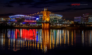 Paul Brown Stadium and John R. Roebling Bridge at night. Cincinnati, Ohio. ©2022 Steve Ziegelmeyer